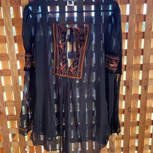 Bisou Bisou M boho blouse sheer black bell sleeve